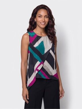 DKNY Abstract Geometric Sleeveless Camisole in Black, Teal & Magenta